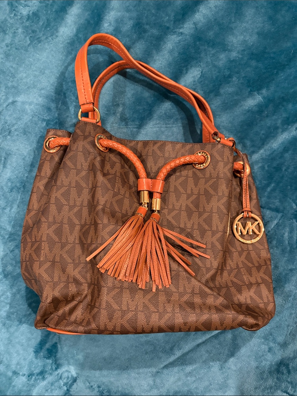 Michael Kors Brown & Cognac Colored MK Logo Tassel Drawstring Shoulder Bag